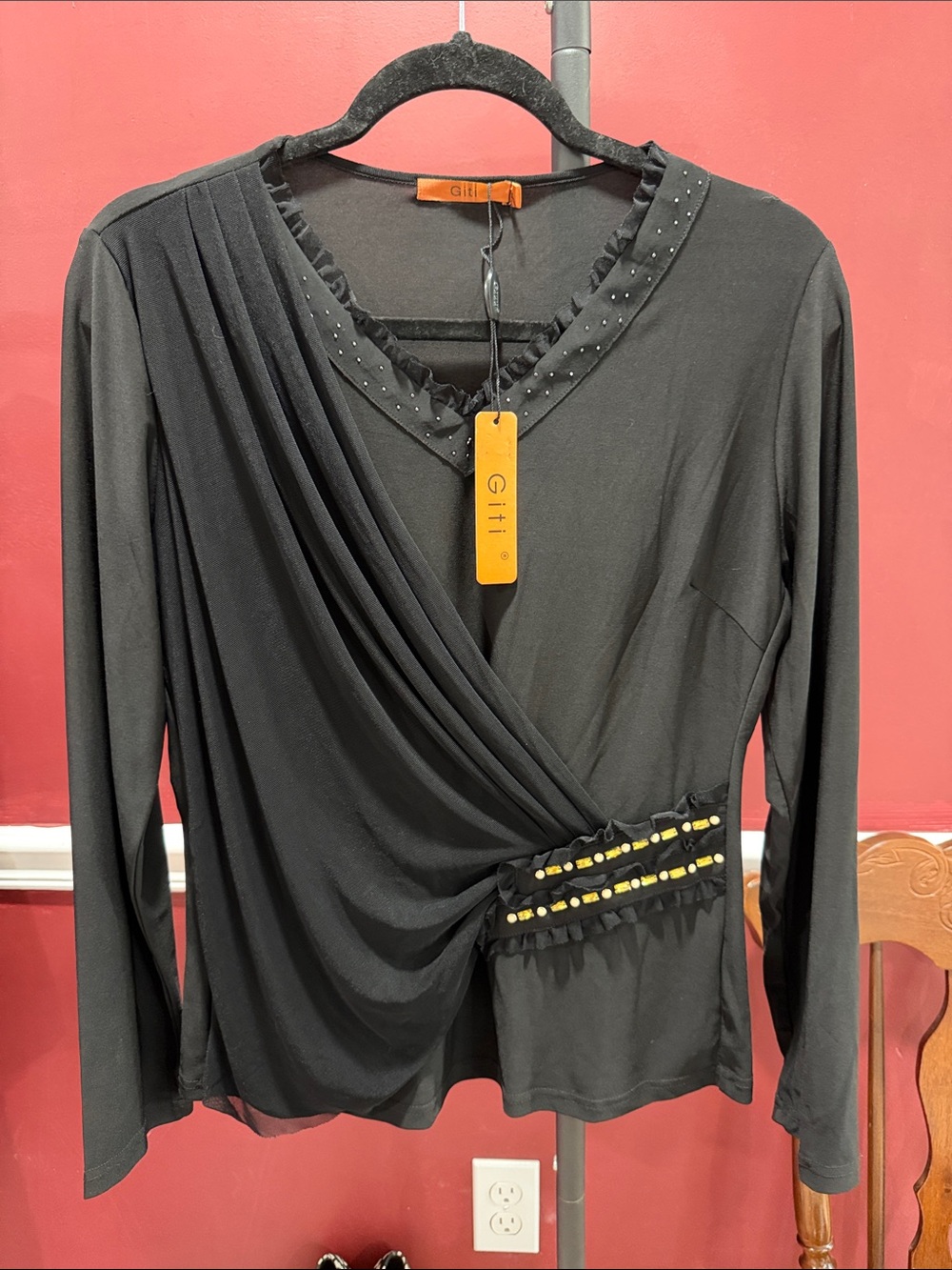 Giti Boutique Black Long-Sleeve Draped Wrap Top with Stud Accents